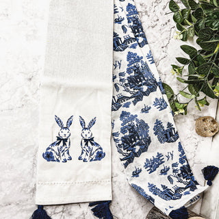 Chinoiserie Bunny Embroidered Dish Towel – Blue & White Easter Kitchen Towel