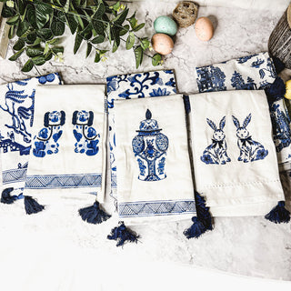 Chinoiserie Bunny Embroidered Dish Towel – Blue & White Easter Kitchen Towel