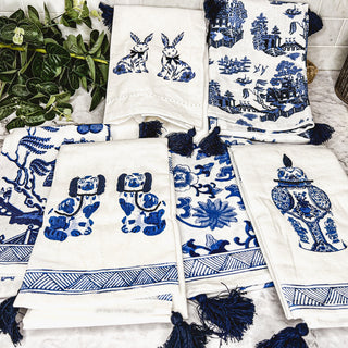 Chinoiserie Bunny Embroidered Dish Towel – Blue & White Easter Kitchen Towel