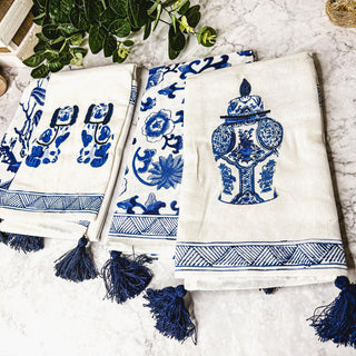 Chinoiserie Embroidered Dish Towels with Tassels – Blue & White Cotton Kitchen Towels
