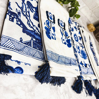 Chinoiserie Embroidered Dish Towels with Tassels – Blue & White Cotton Kitchen Towels