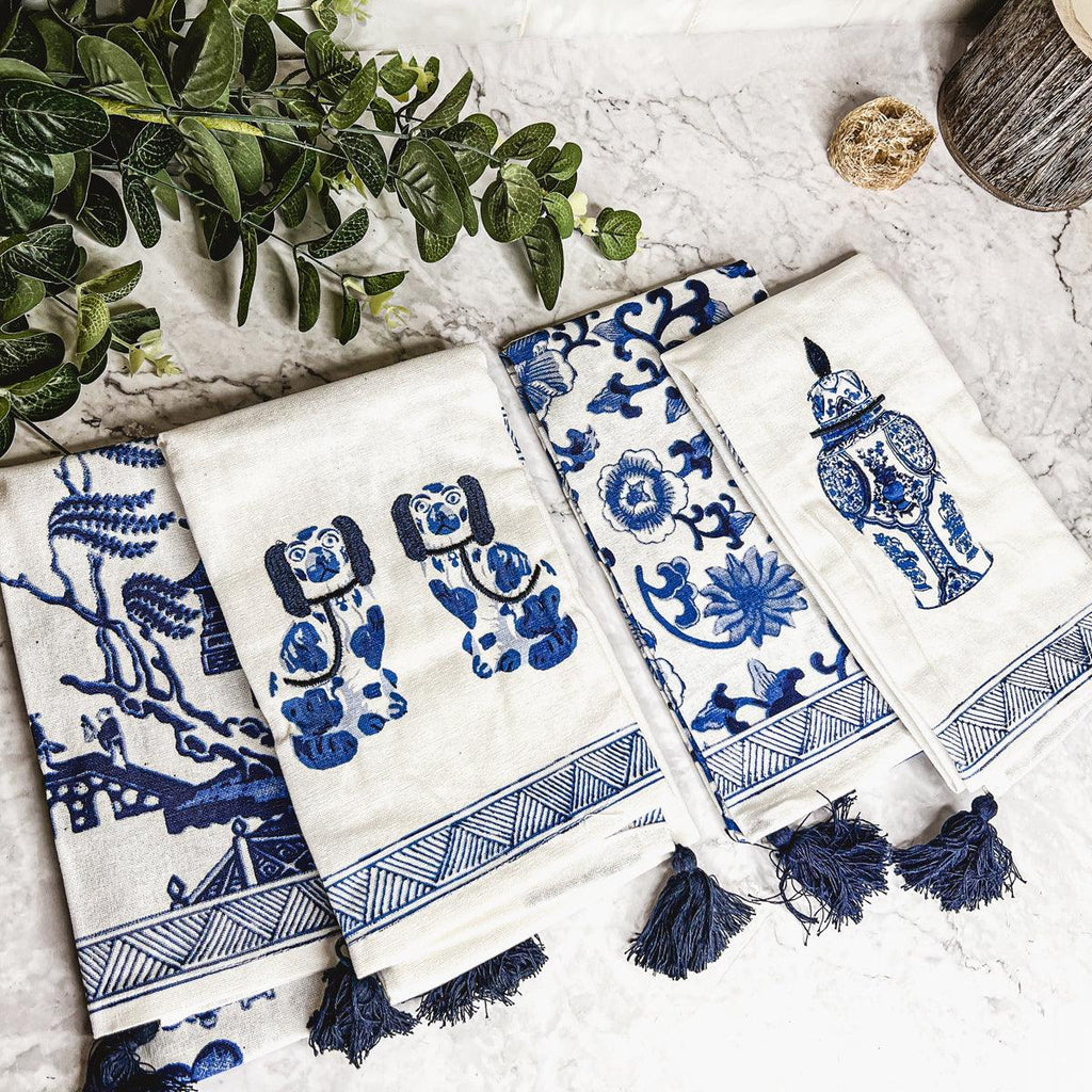 Chinoiserie Embroidered Dish Towels with Tassels – Blue & White Cotton Kitchen Towels