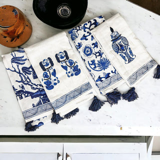 Chinoiserie Embroidered Dish Towels with Tassels – Blue & White Cotton Kitchen Towels