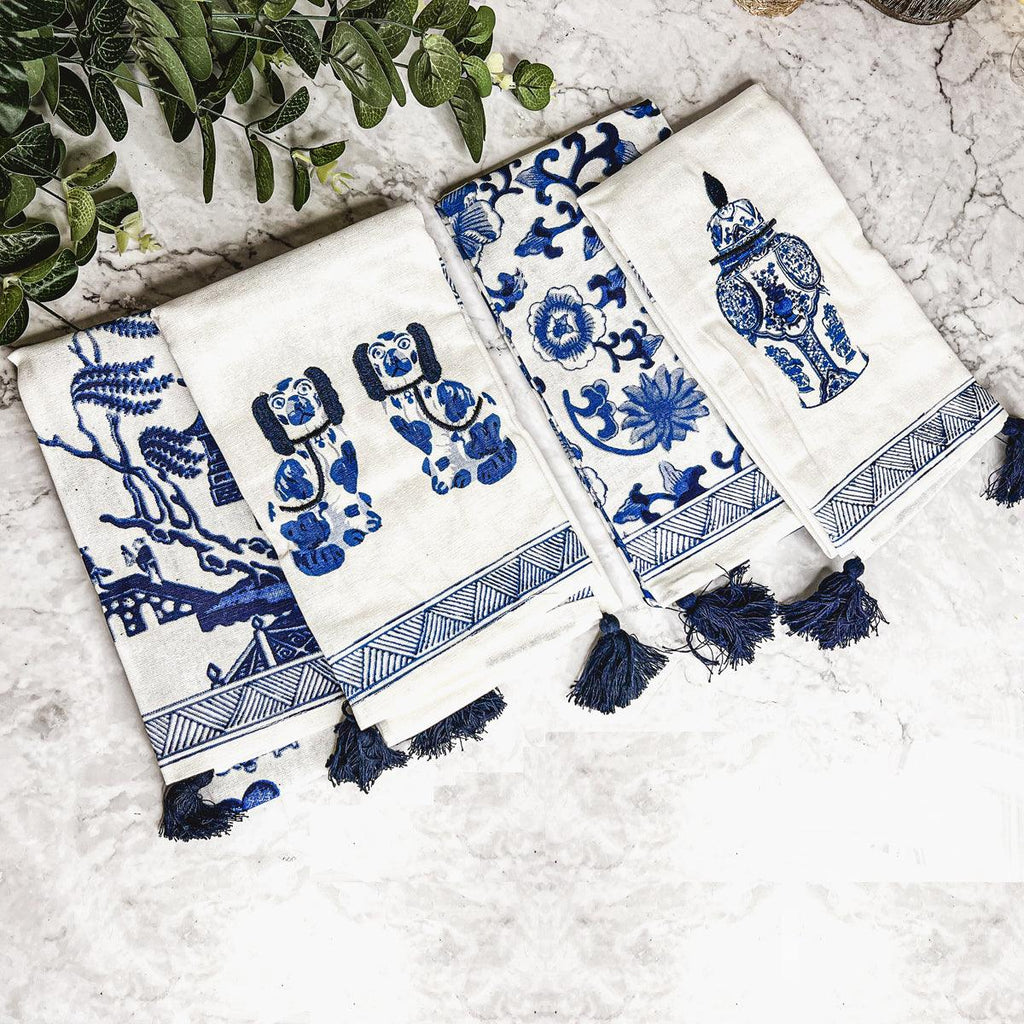 Chinoiserie Embroidered Dish Towels with Tassels – Blue & White Cotton Kitchen Towels
