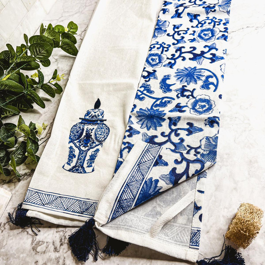 Chinoiserie Embroidered Dish Towels with Tassels – Blue & White Cotton Kitchen Towels