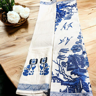 Chinoiserie Embroidered Dish Towels with Tassels – Blue & White Cotton Kitchen Towels