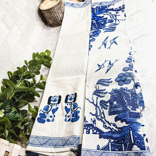 Chinoiserie Embroidered Dish Towels with Tassels – Blue & White Cotton Kitchen Towels