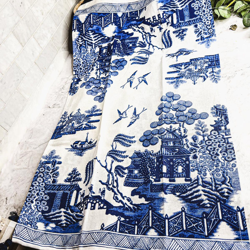 Chinoiserie Embroidered Dish Towels with Tassels – Blue & White Cotton Kitchen Towels