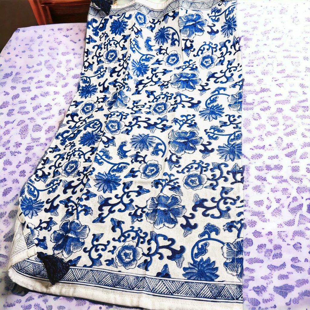 Chinoiserie Embroidered Dish Towels with Tassels – Blue & White Cotton Kitchen Towels