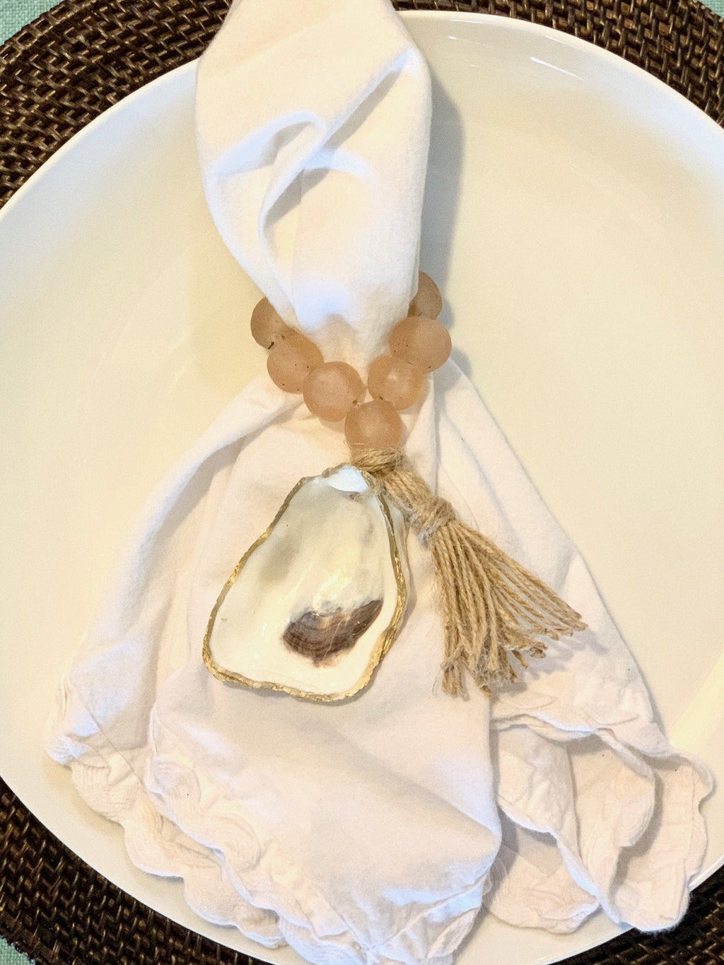 Splash Nude Beach Napkin Ring Set of 8 with Rose Gold Sea Glass & 18K Gold Oyster