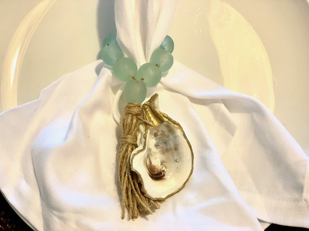 Splash Nude Beach Napkin Ring Set of 8 with Rose Gold Sea Glass & 18K Gold Oyster