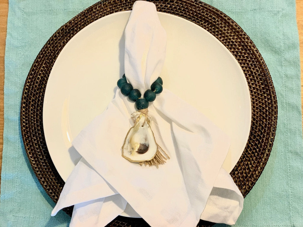 Splash Nude Beach Napkin Ring Set of 8 with Rose Gold Sea Glass & 18K Gold Oyster