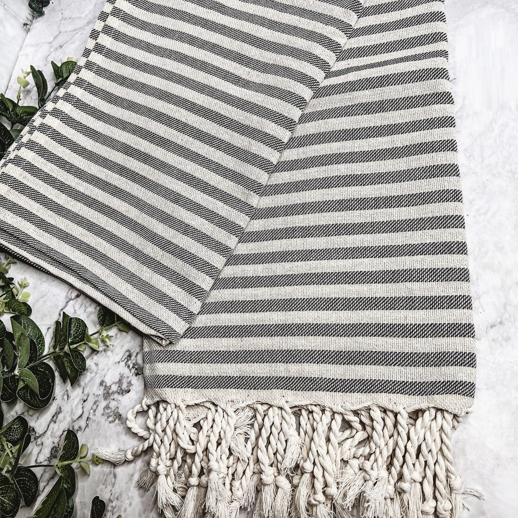 Nautical Turkish Cotton Towel – Blue or Grey Striped Peshtemal (40