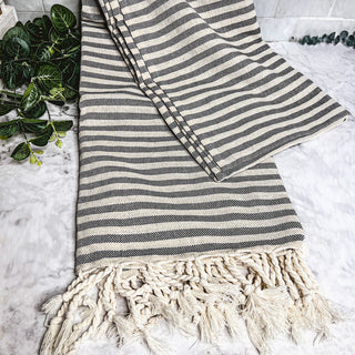 Nautical Turkish Cotton Towel – Blue or Grey Striped Peshtemal (40