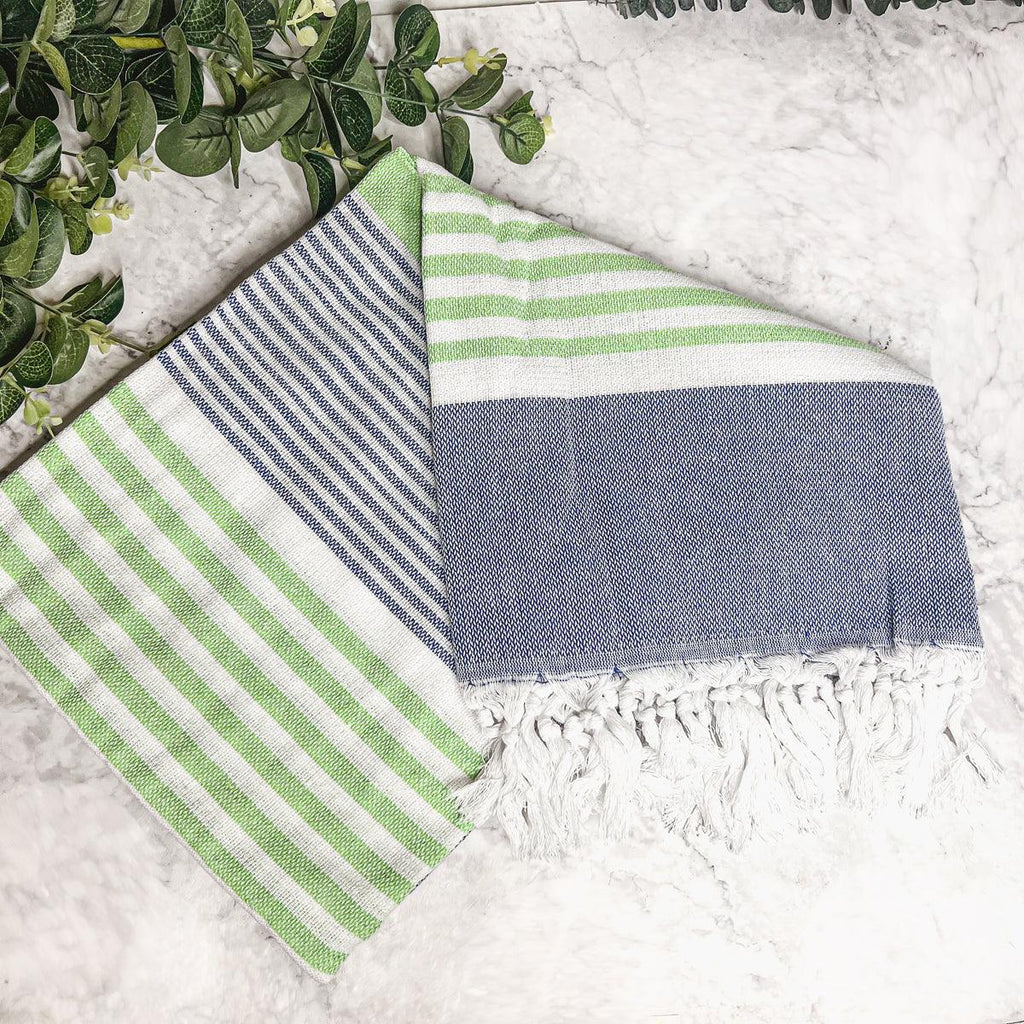 Pop of Summer Turkish Cotton Towel – Blue & Green Striped Peshtemal (40