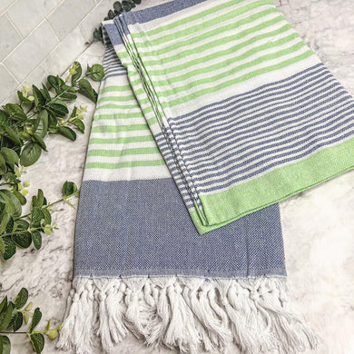 Pop of Summer Turkish Cotton Towel – Blue & Green Striped Peshtemal (40