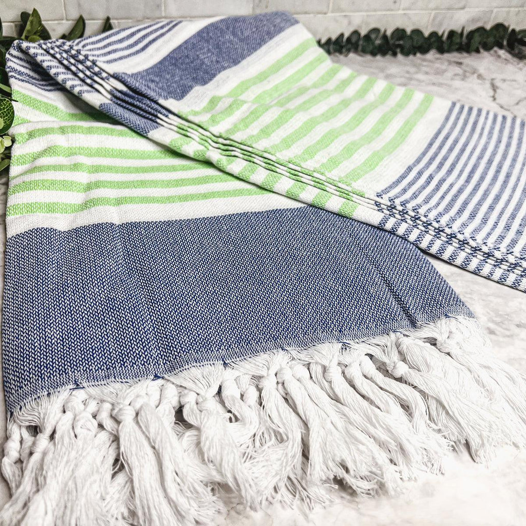 Pop of Summer Turkish Cotton Towel – Blue & Green Striped Peshtemal (40
