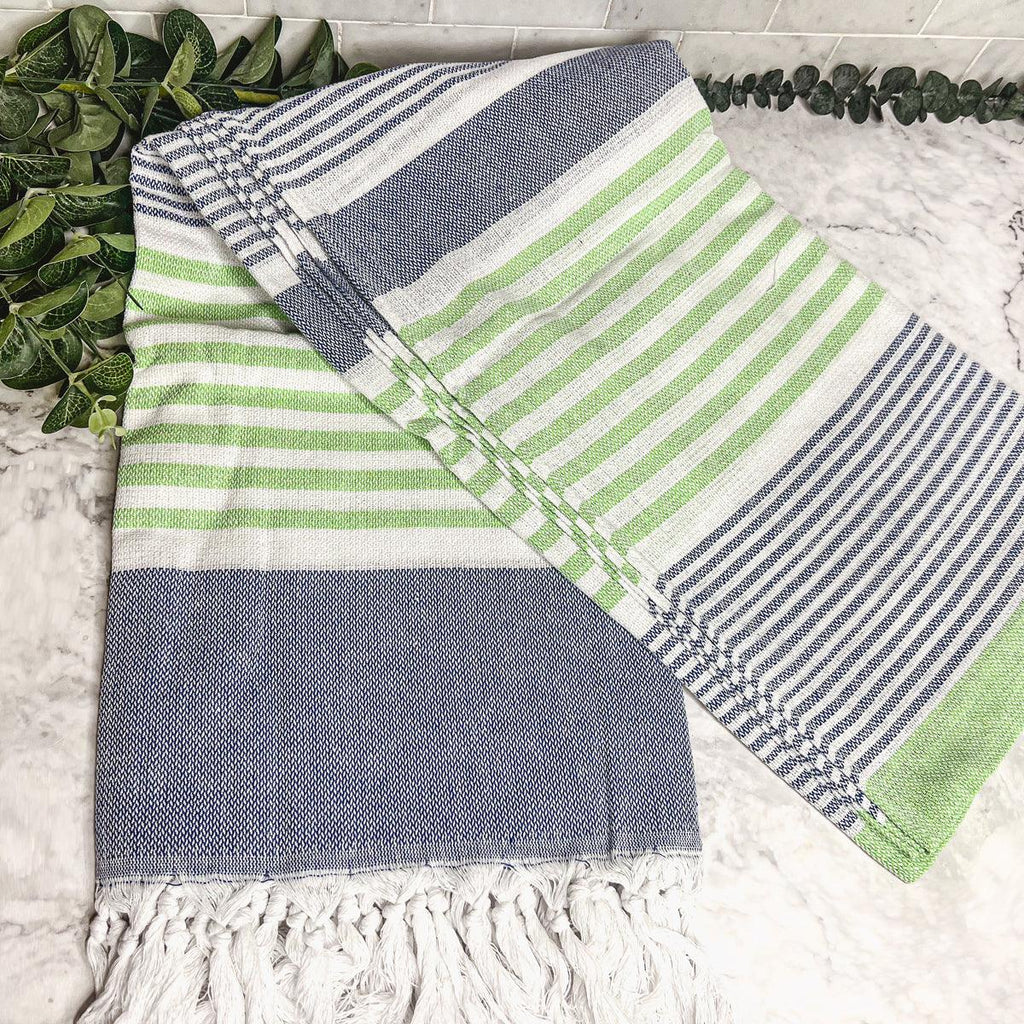 Pop of Summer Turkish Cotton Towel – Blue & Green Striped Peshtemal (40