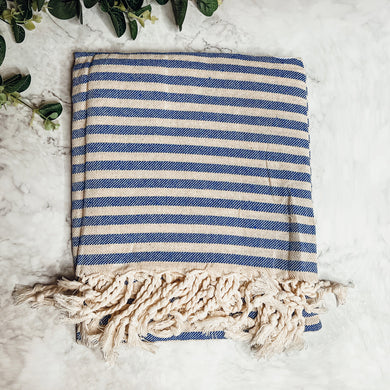 Nautical Turkish Cotton Towel – Blue or Grey Striped Peshtemal (40