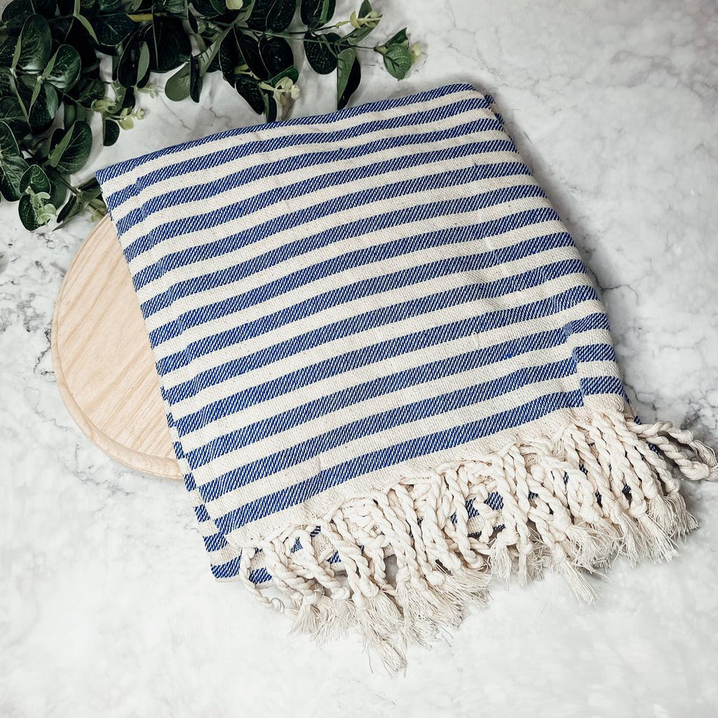 Nautical Turkish Cotton Towel – Blue or Grey Striped Peshtemal (40