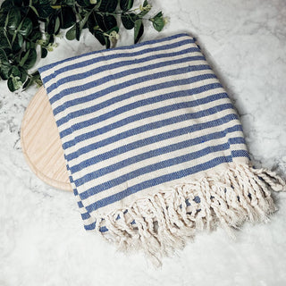 Nautical Turkish Cotton Towel – Blue or Grey Striped Peshtemal (40