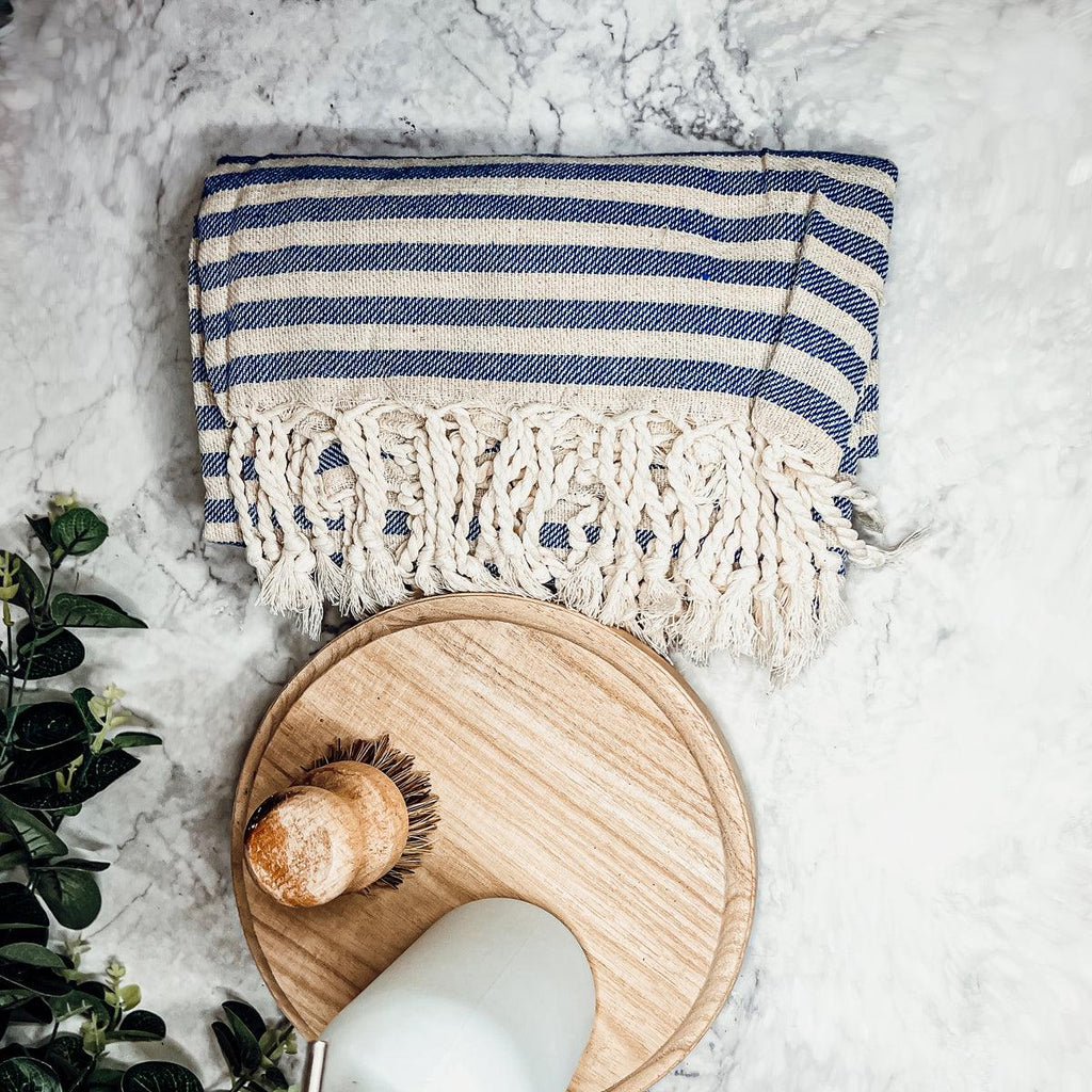 Nautical Turkish Cotton Towel – Blue or Grey Striped Peshtemal (40