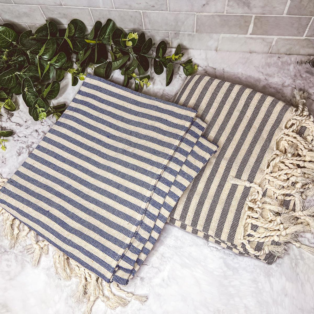 Nautical Turkish Cotton Towel – Blue or Grey Striped Peshtemal (40