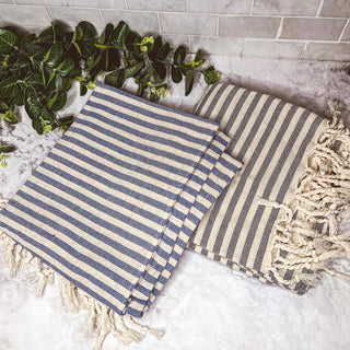 Nautical Turkish Cotton Towel – Blue or Grey Striped Peshtemal (40