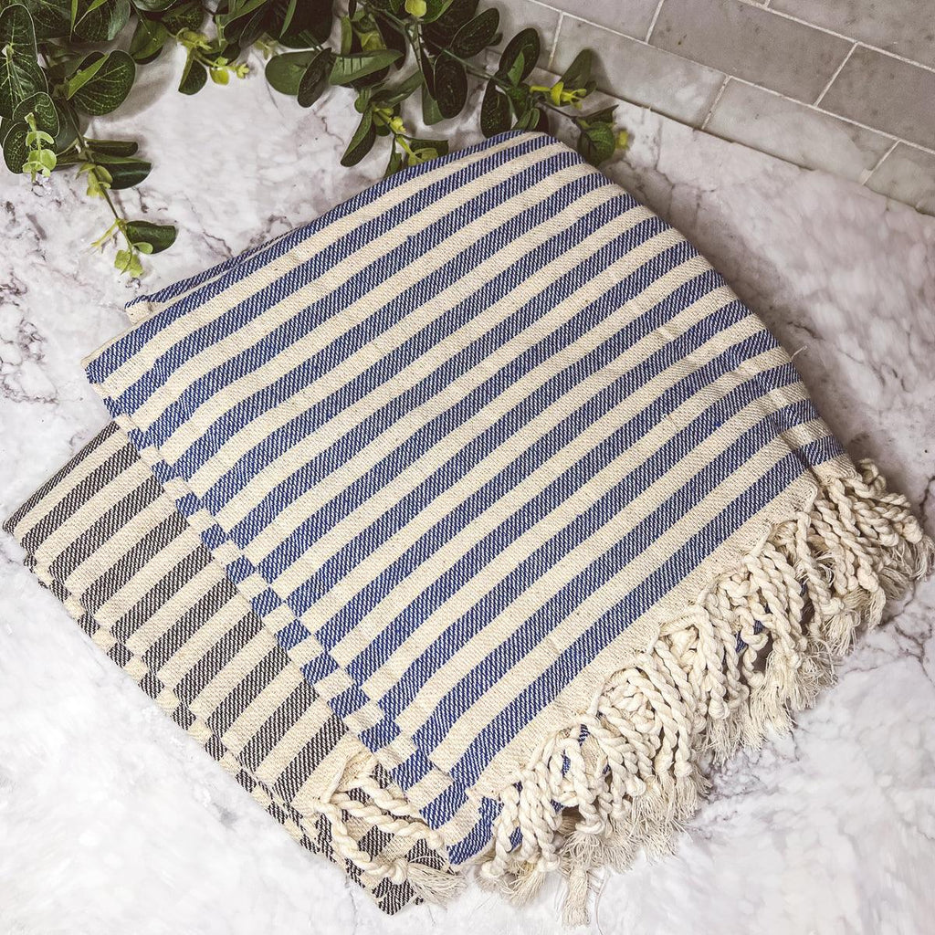 Nautical Turkish Cotton Towel – Blue or Grey Striped Peshtemal (40