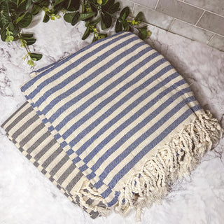 Nautical Turkish Cotton Towel – Blue or Grey Striped Peshtemal (40