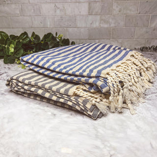 Nautical Turkish Cotton Towel – Blue or Grey Striped Peshtemal (40