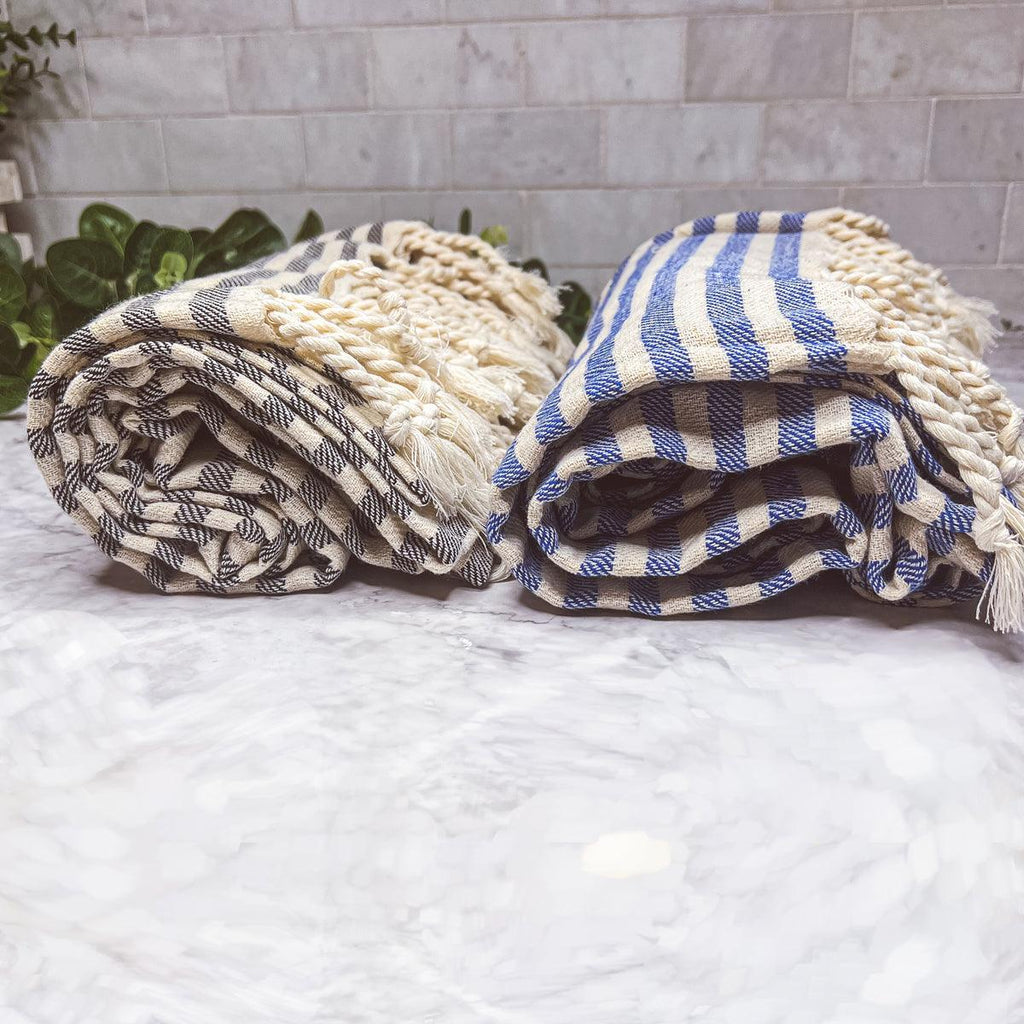 Nautical Turkish Cotton Towel – Blue or Grey Striped Peshtemal (40