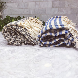 Nautical Turkish Cotton Towel – Blue or Grey Striped Peshtemal (40