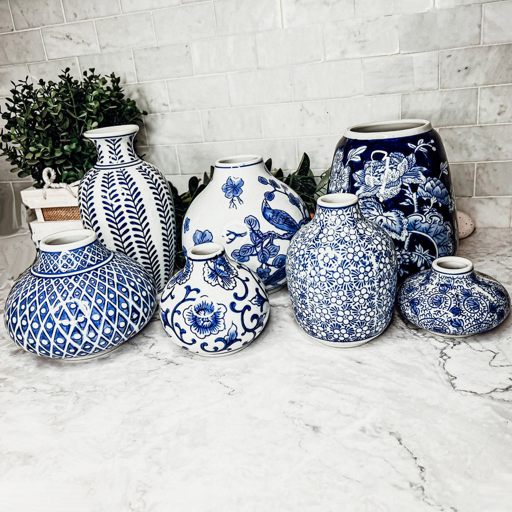 Samira Blue & White Chinoiserie Porcelain Vases – Hand-Painted Collection
