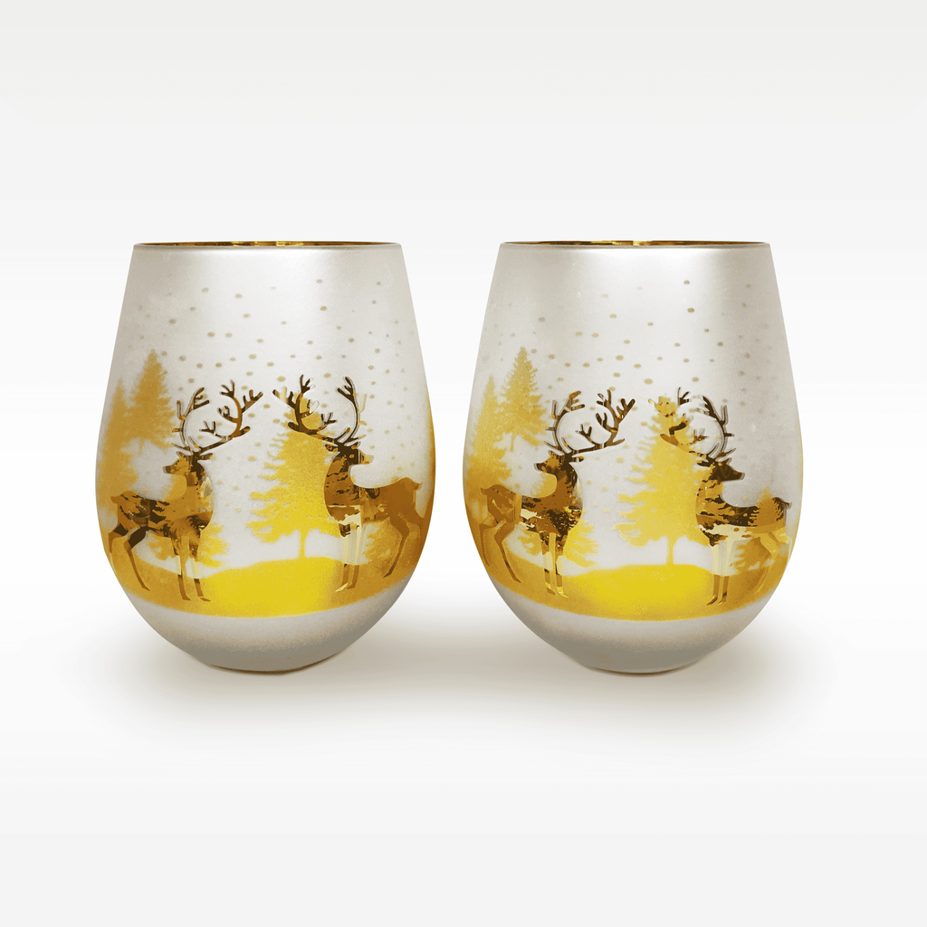 Frosted Gold & Silver Deer Stemless Wine Glasses – Set of 2
