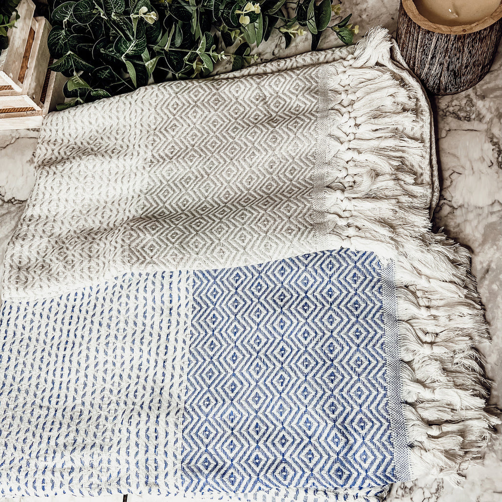 Azra Turkish Cotton Towel – Blue or Gray Woven Design (200 GSM, 40