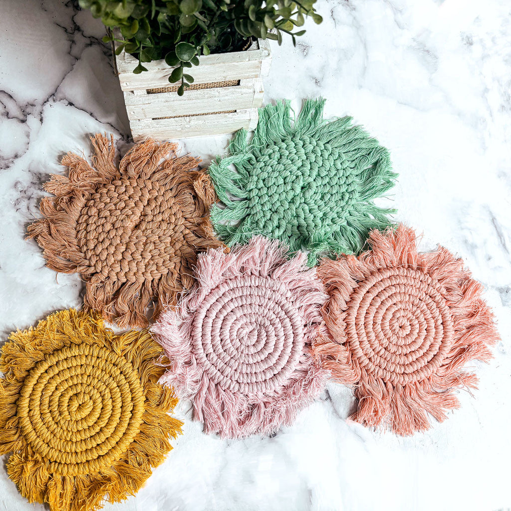 Braided Spiral Coasters with Tassels – Handcrafted Cotton Drink Coasters