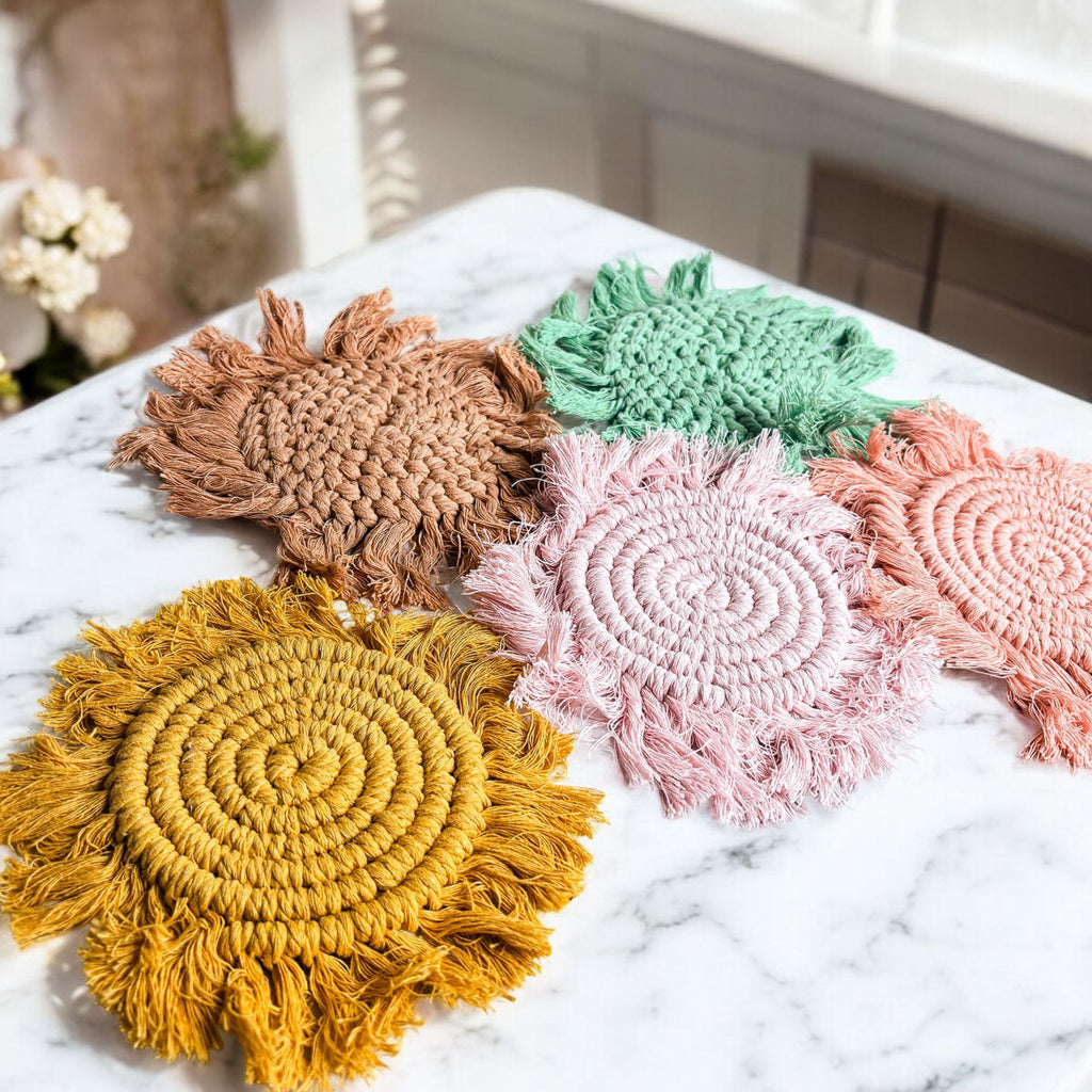 Braided Spiral Coasters with Tassels – Handcrafted Cotton Drink Coasters