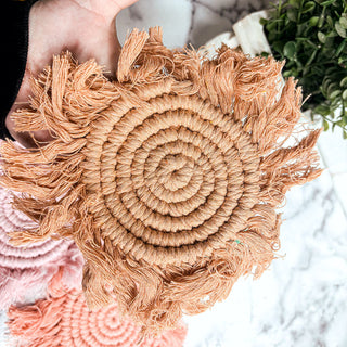 Braided Spiral Coasters with Tassels – Handcrafted Cotton Drink Coasters