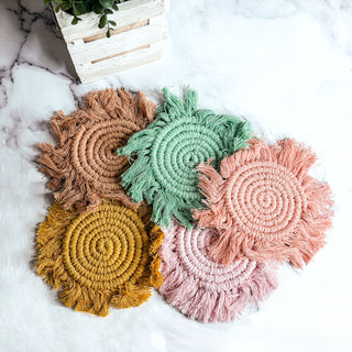Braided Spiral Coasters with Tassels – Handcrafted Cotton Drink Coasters