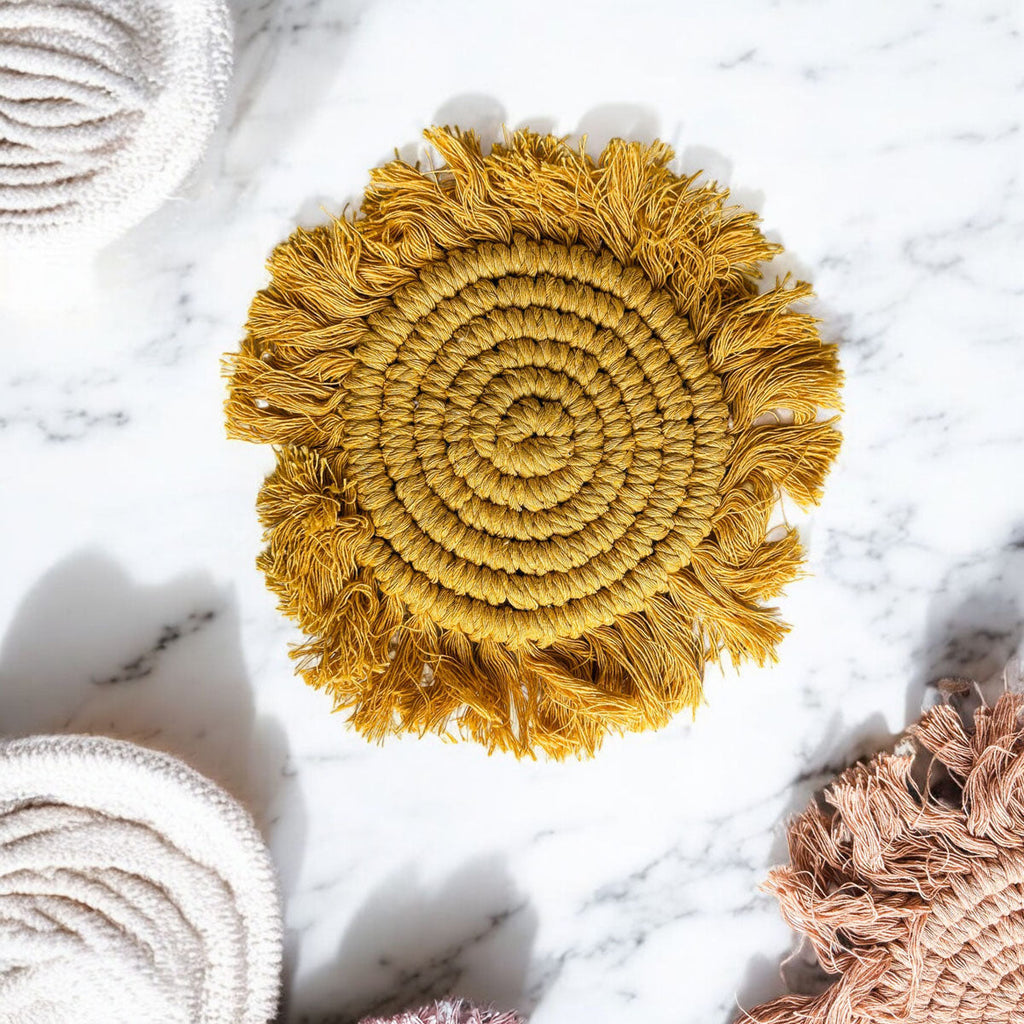 Braided Spiral Coasters with Tassels – Handcrafted Cotton Drink Coasters