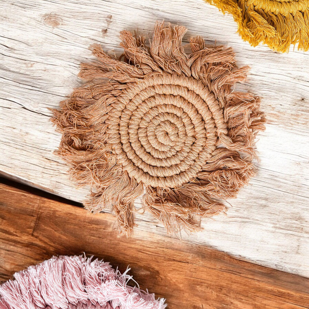 Braided Spiral Coasters with Tassels – Handcrafted Cotton Drink Coasters