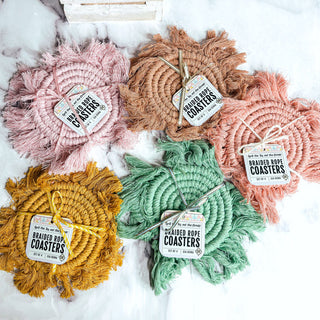 Braided Spiral Coasters with Tassels – Handcrafted Cotton Drink Coasters