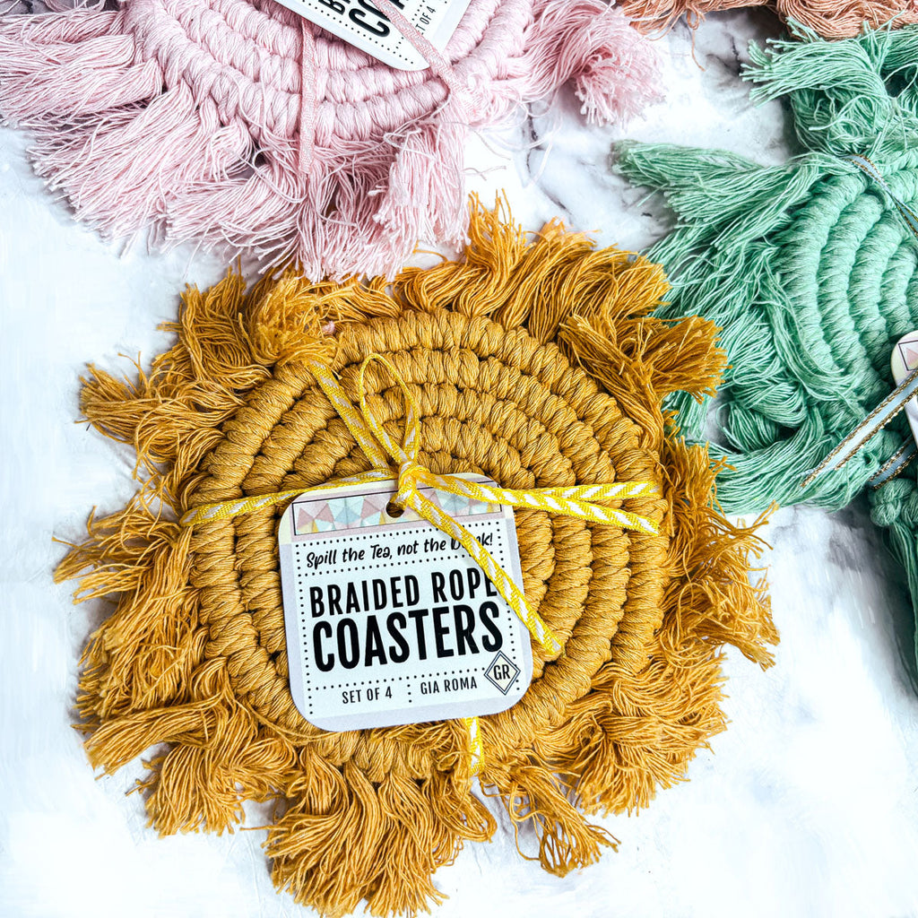 Braided Spiral Coasters with Tassels – Handcrafted Cotton Drink Coasters