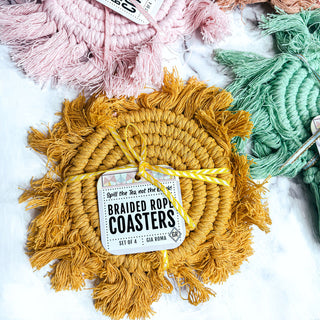 Braided Spiral Coasters with Tassels – Handcrafted Cotton Drink Coasters
