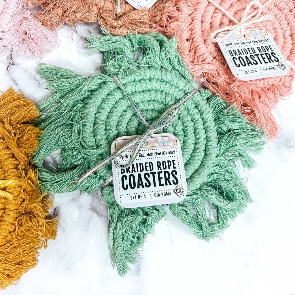 Braided Spiral Coasters with Tassels – Handcrafted Cotton Drink Coasters