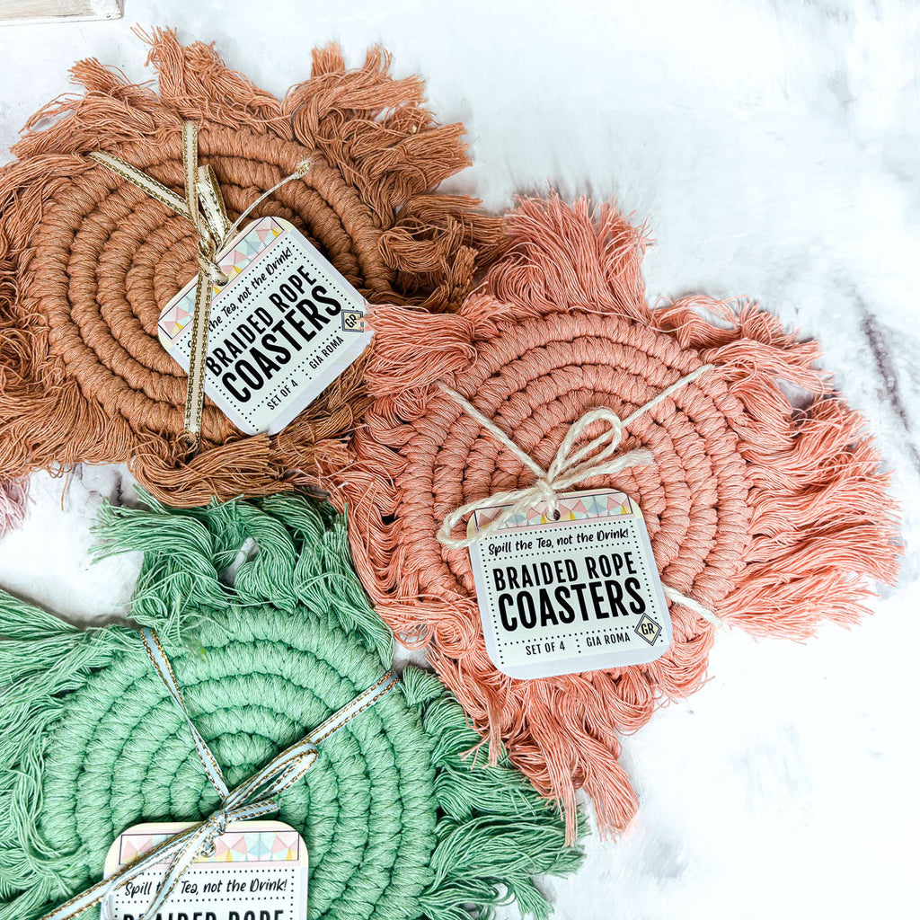 Braided Spiral Coasters with Tassels – Handcrafted Cotton Drink Coasters