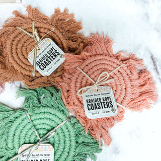 Braided Spiral Coasters with Tassels – Handcrafted Cotton Drink Coasters
