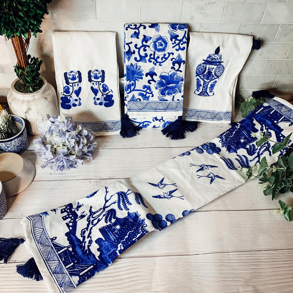 Chinoiserie Embroidered Dish Towels with Tassels – Blue & White Cotton Kitchen Towels