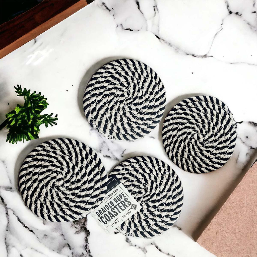 Black & White Braided Rope Coasters – Classic Cotton Drink Coasters (Set of 4)